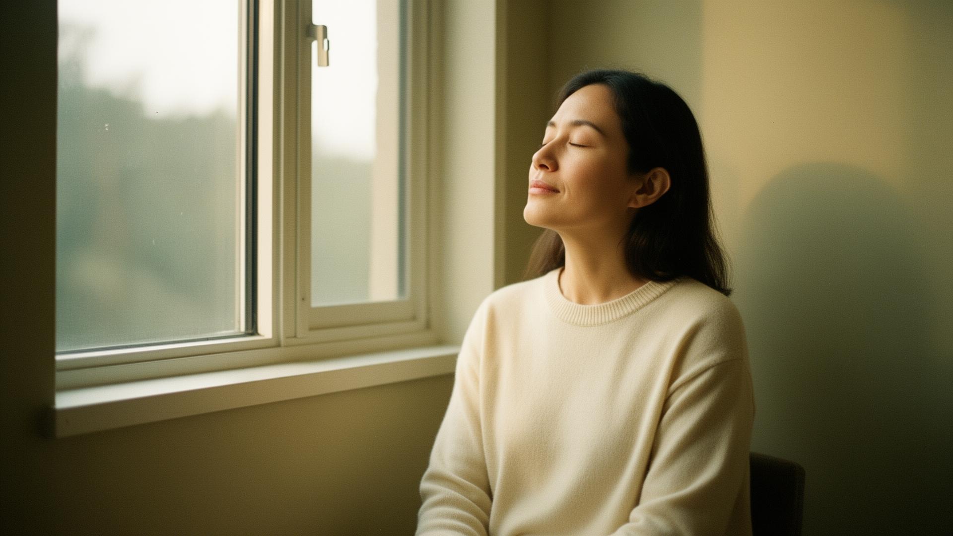 A woman sitting calmly by a window in soft morning light